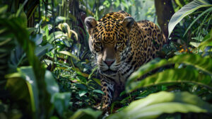 Seamless jungle wallpaper featuring a concealed jaguar seamlessly merging with its environment