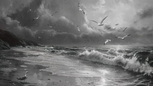 Serene black and white beach wallpaper with waves crashing and seagulls circling overhead