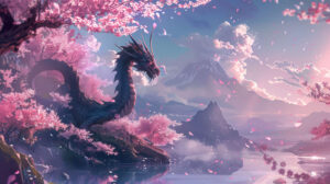 Serene landscape with an anime dragon resting among cherry blossoms, embodying tranquility