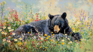 Serene view of a black bear resting in a meadow of wildflowers its tranquility enhancing the harmony of the scenery