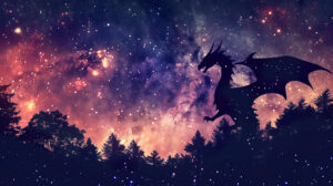 Silhouetted anime dragon set against a celestial night sky offering a mystical ambiance in wallpaper format titled starry night dragon.jpg