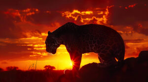 Silhouetted jaguar stands boldly against a fiery sunset resulting in a dynamic and vivid wallpaper named captivating.jpg