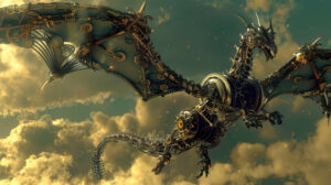 Steampunk anime dragon canvas with mechanical wings and gears beautifully blending fantasy with technology