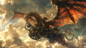 Steampunk anime dragon with mechanical wings and gears blending fantasy with technology in a wallpaper
