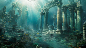 Submerged ruins of Atlantis with ancient architecture surrounded by marine life