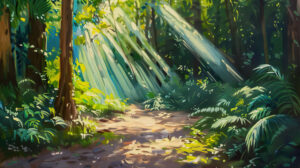 Sun dappled rainforest floor with rays of light penetrating the dense foliage