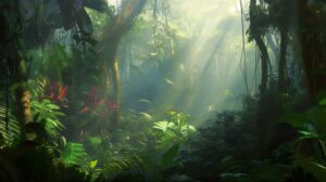 Sunlight falling on green vegetation in a dense jungle