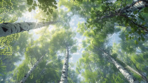 Sunlight filters through the leaves of the majestic birchwood tree canopy to create a dappled pattern on the forest floor in this wallpaper