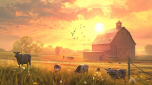 Sunset hues paint a tranquil barnyard scene with gentle pastel shades farm animal silhouettes and a serene ambiance. Find it at filename.jpg