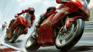 The adrenaline rush of a high speed motorcycle race, with riders leaning into sharp turns on a challenging track