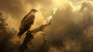 The grandeur of a big bird perched atop a towering tree, surveying its domain with watchful eyes