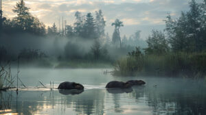The peaceful dawn in a beaver's domain, with mist rising from the water as industrious beavers start their day's work