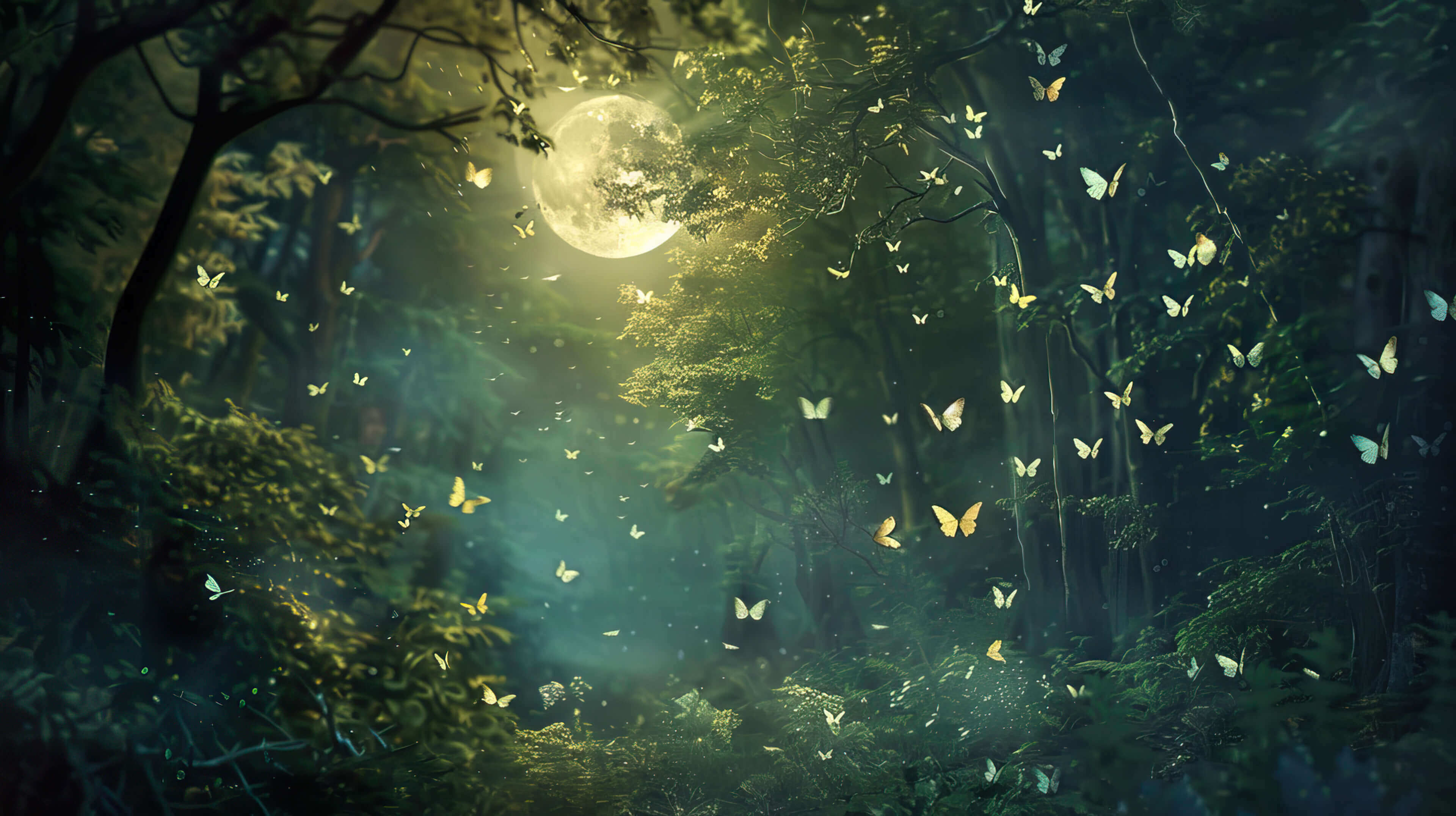 The photo depicts a serene forest at night illuminated by moonlight with enchanting moths fluttering around creating a magical woodland scene with moonbeams shining through the trees The photo depicts a serene forest at night illuminated by moonlight with enchanting moths fluttering around creating a magical woodland scene with moonbeams shining through the trees