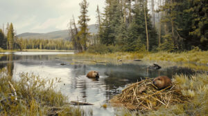 The quiet elegance of a beaver pond, where the industrious mammals gather materials to build their cozy lodges