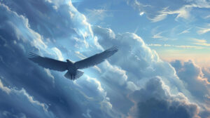 The serenity of a big bird gliding effortlessly across a cloud streaked sky, its graceful form a testament to nature's beauty
