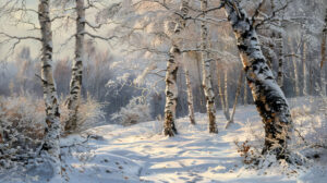 The snow clad terrain showcases a cluster of birch trees their frost covered branches glistening under a layer of ice