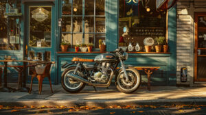 The striking cafe racer gleamed under the afternoon sun parked outside a charming roadside diner its chrome polished to perfection