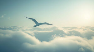 The tranquil scene of a majestic bird soaring gracefully through a sky painted with wispy clouds highlighting the splendor of natures beauty