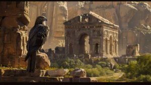 The tranquility of a big bird roosting among ancient ruins, its majestic form a testament to the passage of time