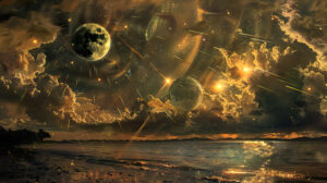 The wallpaper depicts a surreal celestial landscape with planets shooting stars and a magical alignment in a fantastical panorama