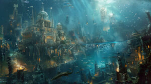The wallpaper displaying Atlantis harbor showcases submerged ships and vibrant aquatic life in motion