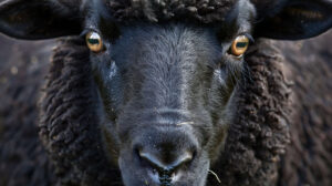 The wallpaper features a black sheeps face up close emanating a serene aura of wisdom and strength through its gentle eyes