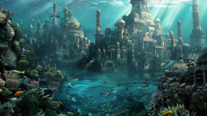 The wallpaper showcases an underwater scene of the lost city of Atlantis enveloped by a variety of marine plants and animals forming a rich and diverse ecosystem