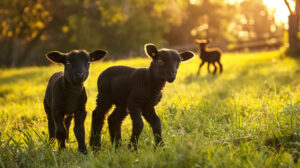 The wallpaper showcases delightful lambs playing in a sunny pasture set against a charming black background