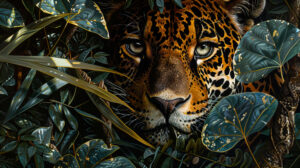 The wallpaper showcases jaguar eyes gazing through dense foliage emanating vigilance and intensity
