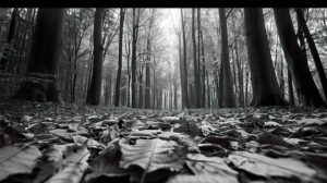 Timeless beauty of a black and white forest, with towering trees reaching for the sky and a carpet of fallen leaves covering the ground