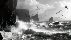 Timeless beauty of a black and white seascape, with waves crashing against rocky cliffs and seagulls soaring overhead