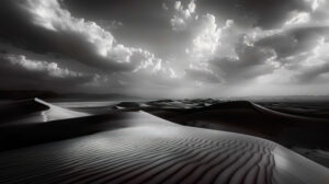 Tranquil black and white desert landscape, with sand dunes stretching to the horizon under a vast sky