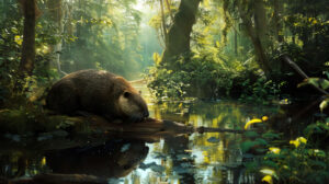 Tranquil forest stream with a beaver busy constructing its lodge in lush green surroundings and serene reflections wallpaper