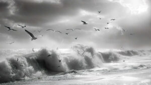 Tranquil scene of a black and white beach, with waves crashing against the shore and seagulls circling overhead