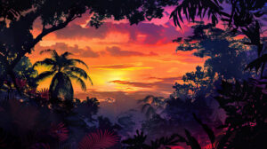 Tropical rainforest silhouette at sunset, with vivid hues painting the sky