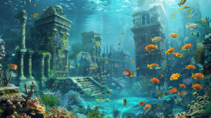 Underwater vista of Atlantis with schools of vibrant fish swimming among ancient structures