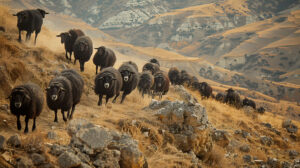 View the wallpaper showing a group of black sheep moving across a rough hillside their fluffy bodies blending harmoniously with the rocky landscape
