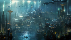 Wallpaper capturing a futuristic rendition of Atlantis featuring advanced technology and ethereal lighting that illuminates a utopian underwater city
