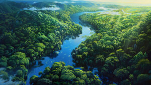 Wallpaper capturing a rainforest from above showcases meandering rivers and colorful canopies allowing for a stunning viewpoint