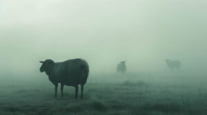 Wallpaper capturing black sheep in a foggy field their outlines evoking a feeling of secrecy and fascination.jpg