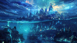 Wallpaper capturing the ethereal luminosity of the underwater city Atlantis gleaming beneath the oceans depths