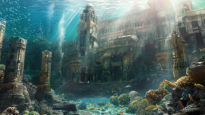 Wallpaper featuring Atlantis submerged ruins adorned with ancient architecture amidst a backdrop of marine life in jpg format