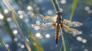 Wallpaper featuring a dragonfly perched on a reed with shimmering delicate wings in the sunlight against a backdrop of rippling water