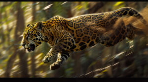 Wallpaper featuring a jaguar in mid leap displaying agility and power in a dynamic action scene