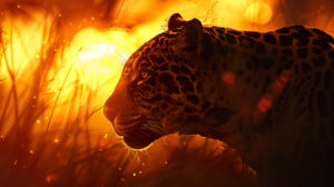 Wallpaper featuring a jaguar silhouette set against a fiery sunset capturing a strong and vivid moment