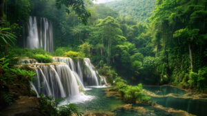 Wallpaper featuring a lush tropical rainforests panoramic view showcasing cascading waterfalls and a variety of flora