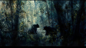 Wallpaper featuring black bears depicted in an abstract manner within a dense forest their dark silhouettes effortlessly merging with the surrounding shadows