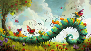 Wallpaper featuring caterpillars hitching rides on friendly insects as they journey through a whimsical and fantastical landscape