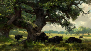 Wallpaper featuring peaceful black bulls resting beneath the shade of an ancient oak tree adding a serene presence to the landscape