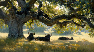 Wallpaper featuring serene black bulls resting peacefully beneath the ancient oak trees shade infusing tranquility into the landscapes ambiance